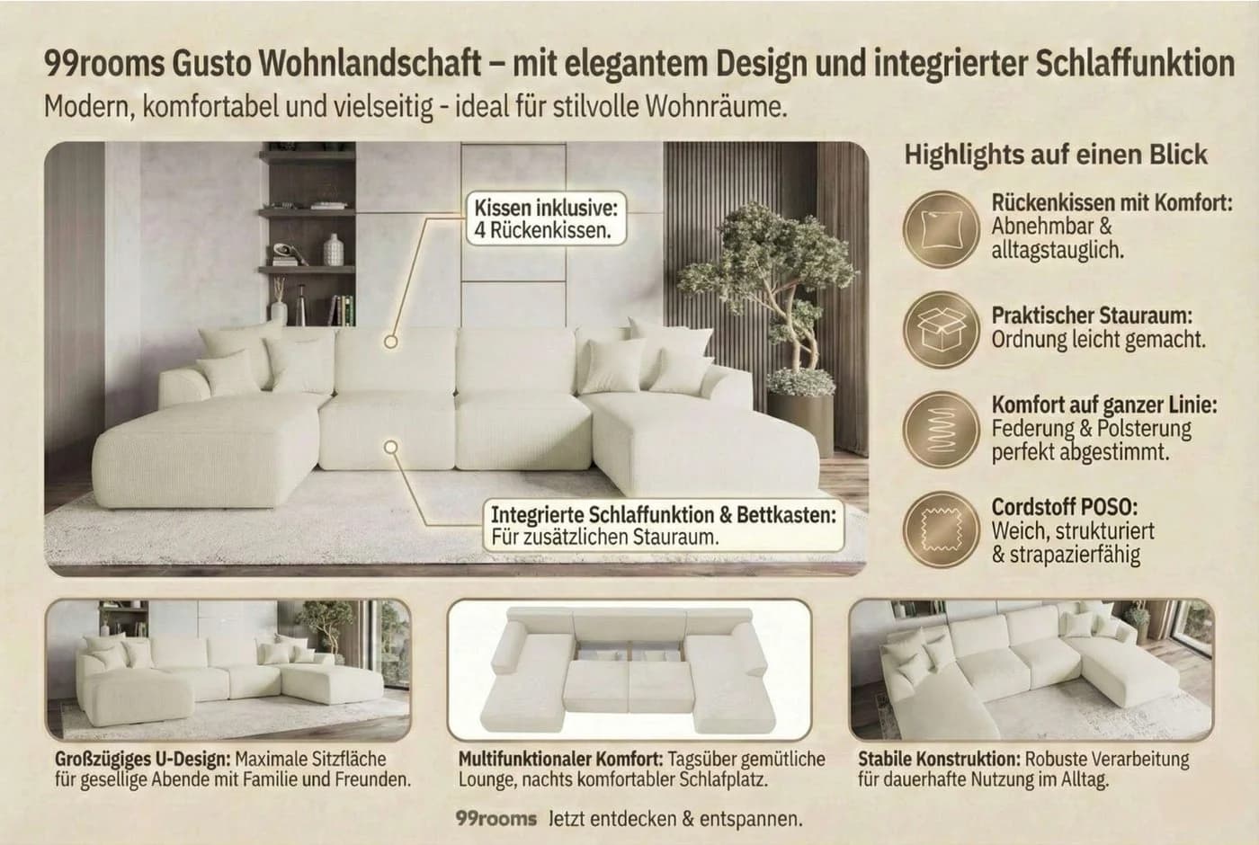 99rooms Wohnlandschaft Gusto U-Form Sofa Schwarz mit Schlaffunktion - Bild 4