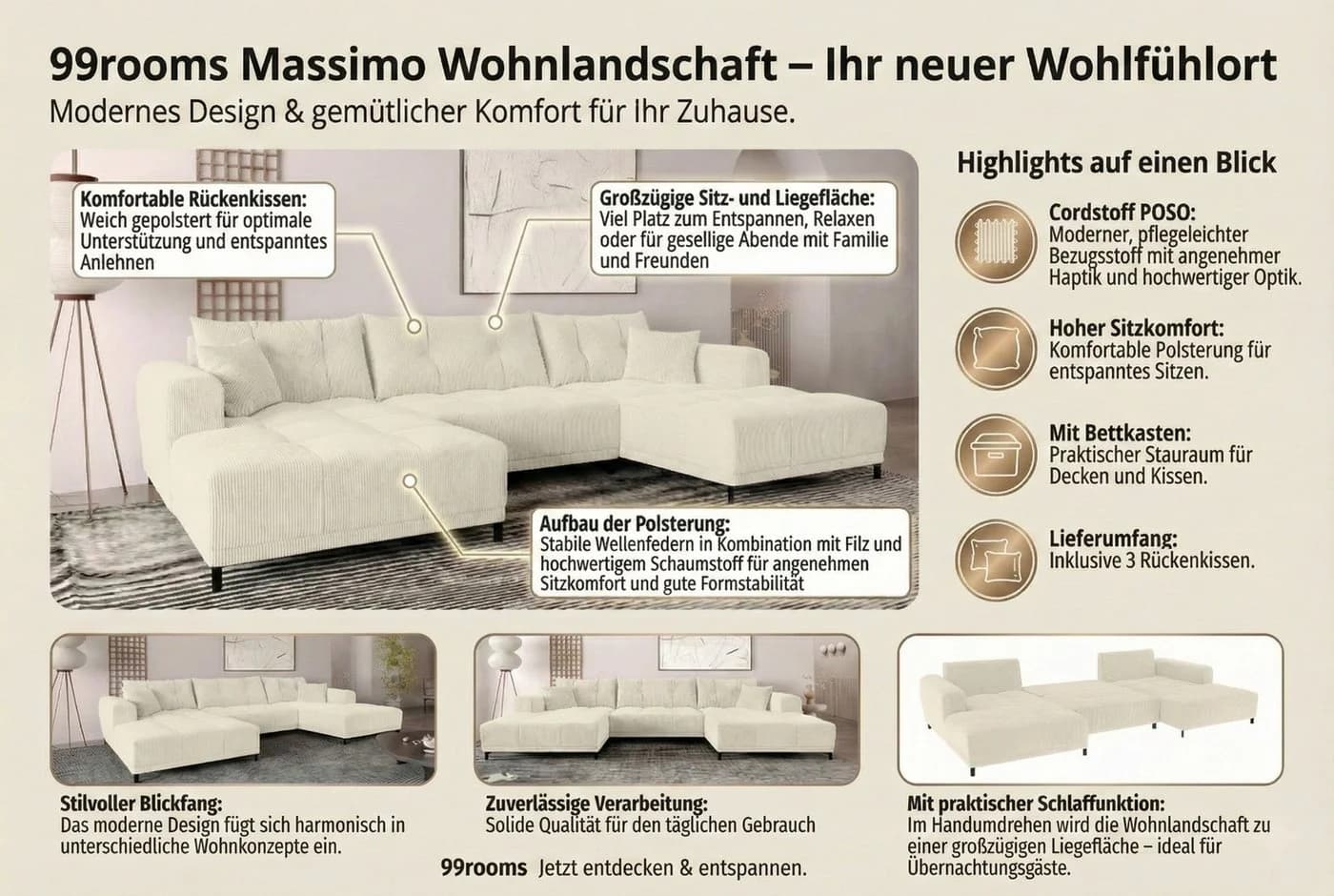 99rooms Wohnlandschaft Massimo U-Form Cordstoff POSO - Bild 5