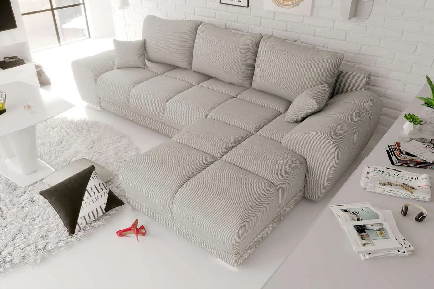 99rooms Ecksofa Antalya L-Form mit Schlaffunktion und Cordstoff POSO