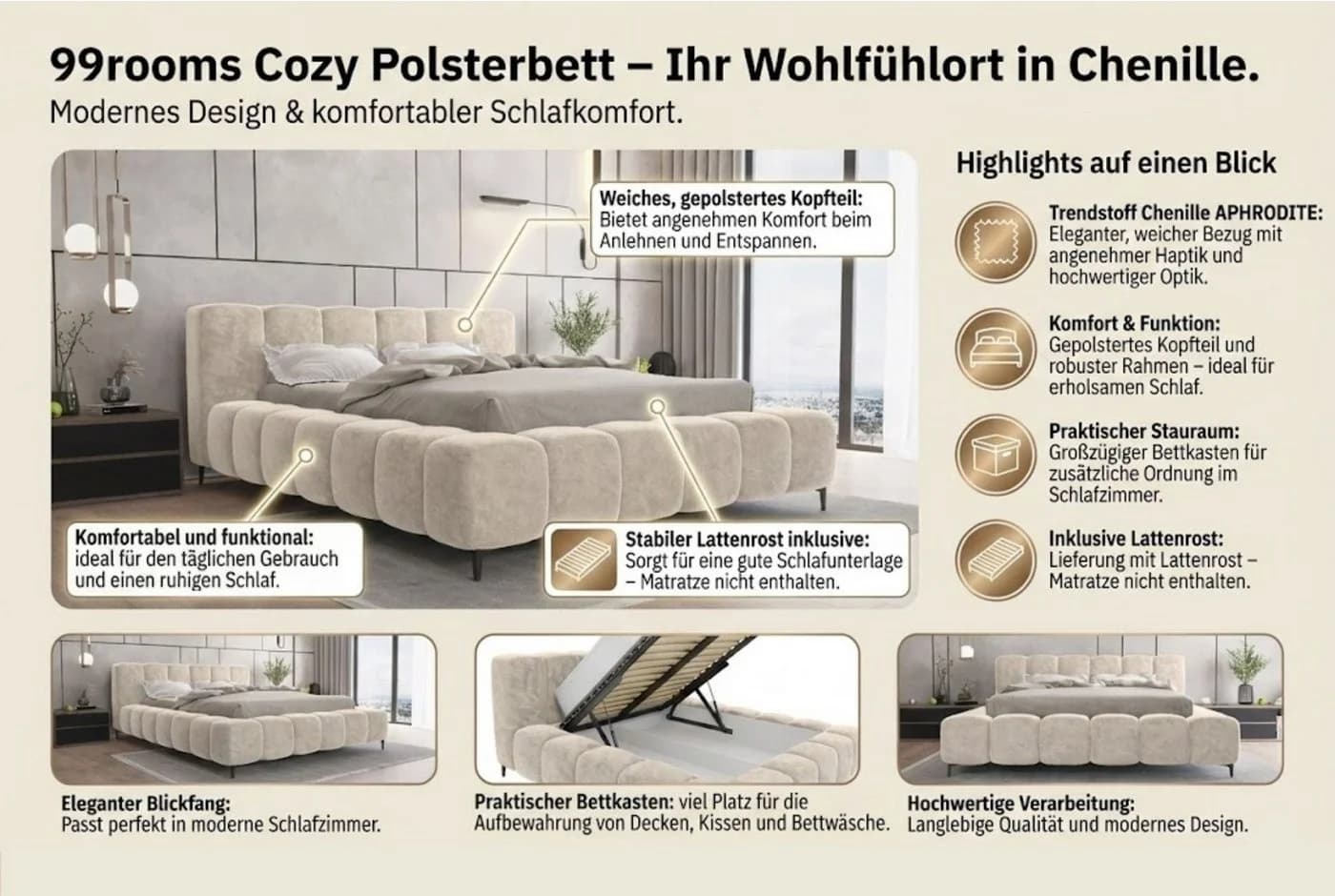 99rooms Polsterbett Cozy Grau mit Bettkasten - Bild 4
