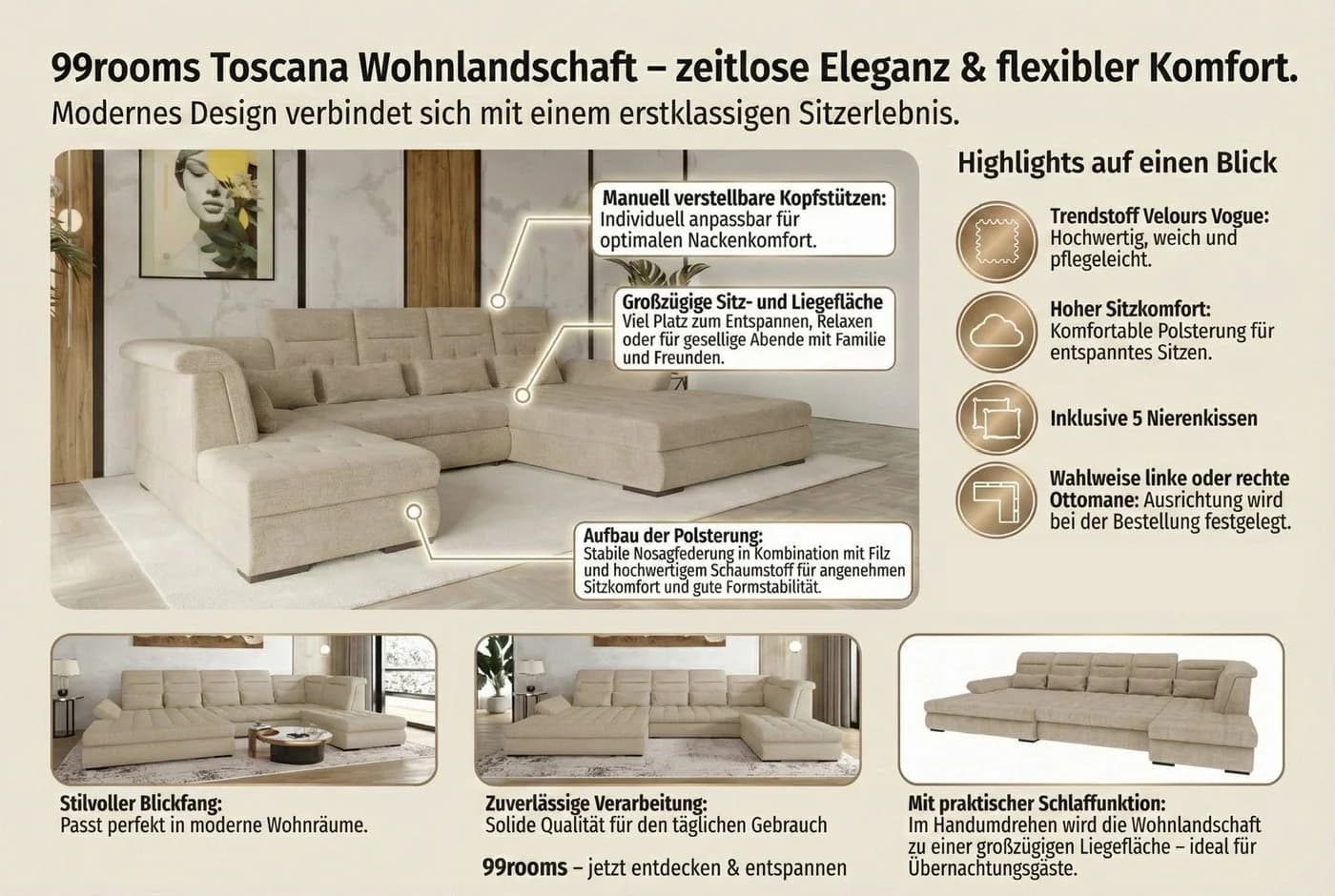99rooms Wohnlandschaft Toscana U-Form Bettfunktion Velours VOGUE - Bild 4