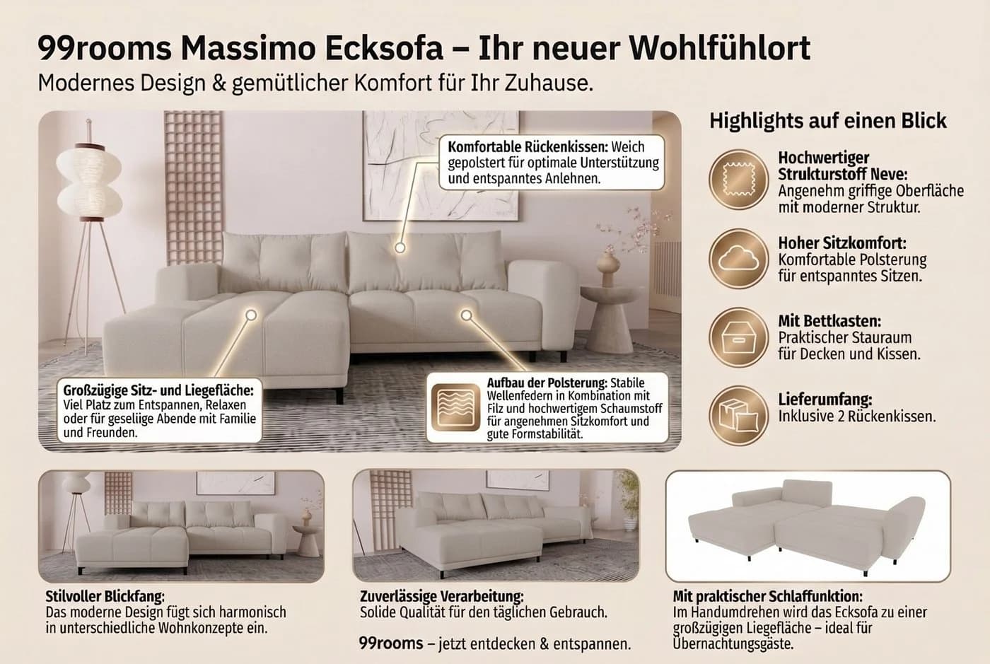 99rooms Ecksofa Massimo L-Form Eckcouch mit Schlaffunktion Strukturstoff NEVE - Bild 4