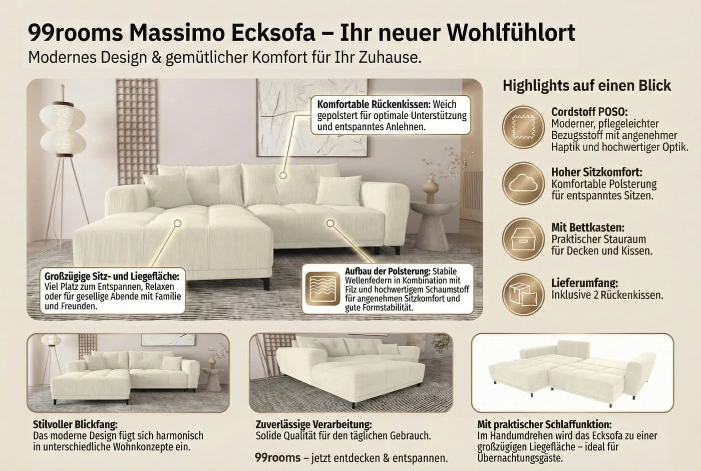 99rooms Ecksofa Massimo L-Form Sofa mit Schlaffunktion Cordstoff POSO - Bild 4
