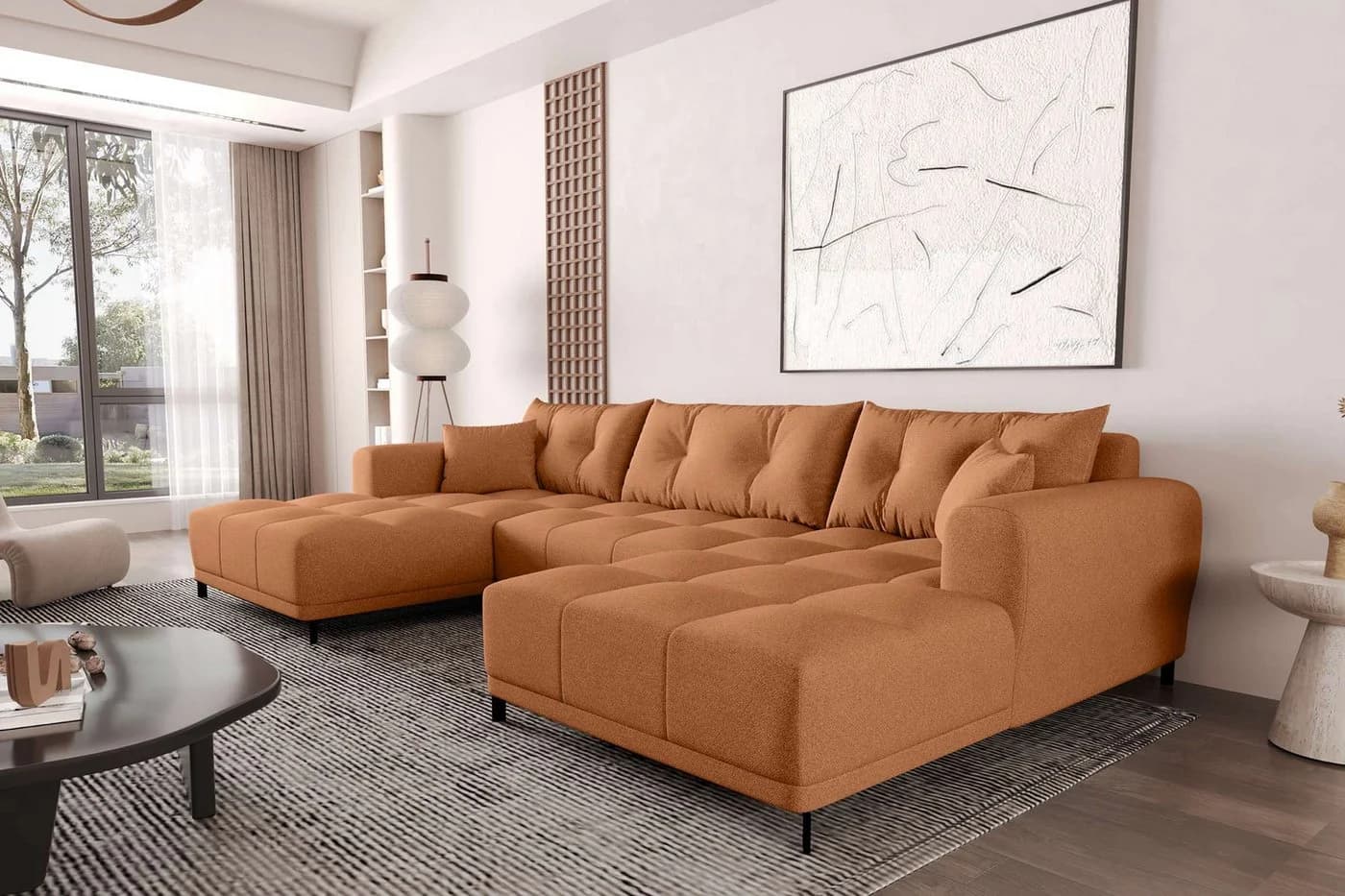 99rooms Wohnlandschaft Massimo U-Form Sofa mit Schlaffunktion Rostfarben