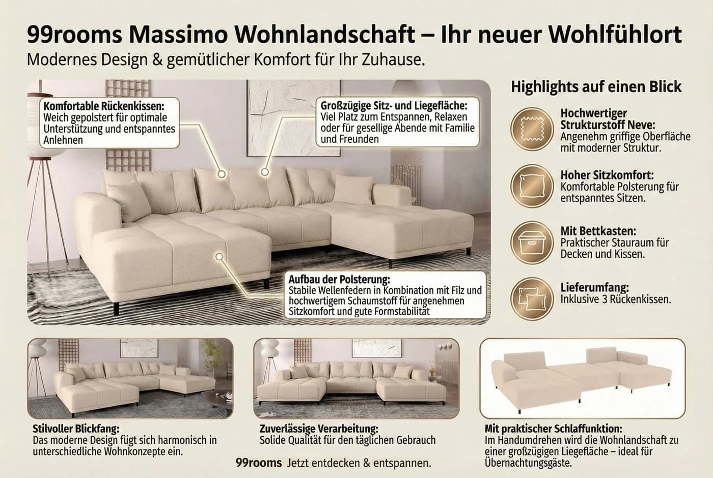 99rooms Wohnlandschaft Massimo U-Form Sofa mit Schlaffunktion - Bild 5