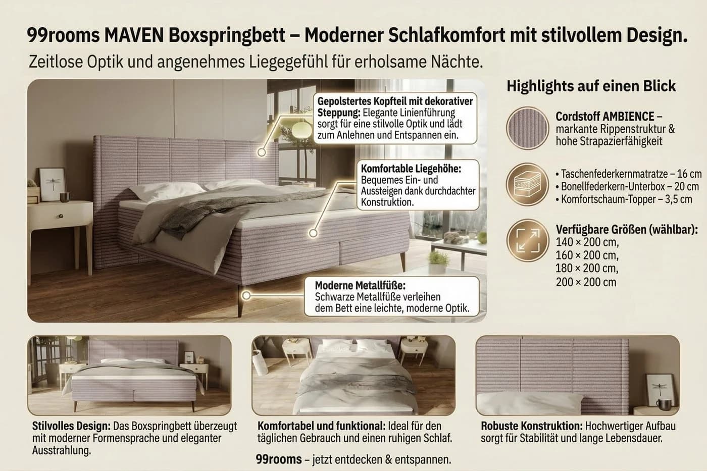 99rooms Boxspringbett Maven Cordstoff Pastellrosa mit Topper - Bild 5