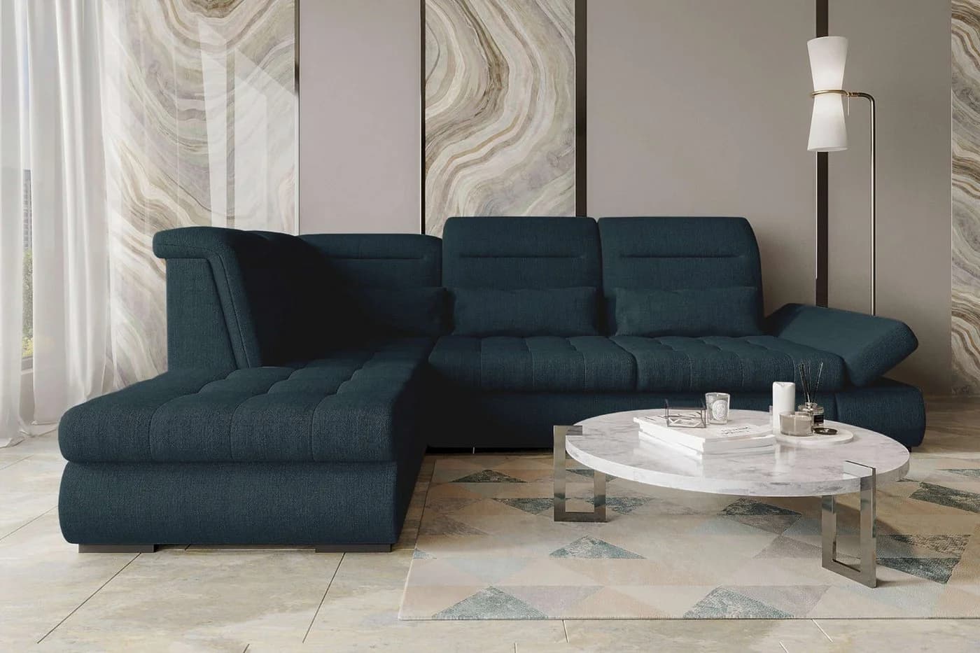99rooms Ecksofa Toscana L-Form Bettfunktion Velours Dunkelblau