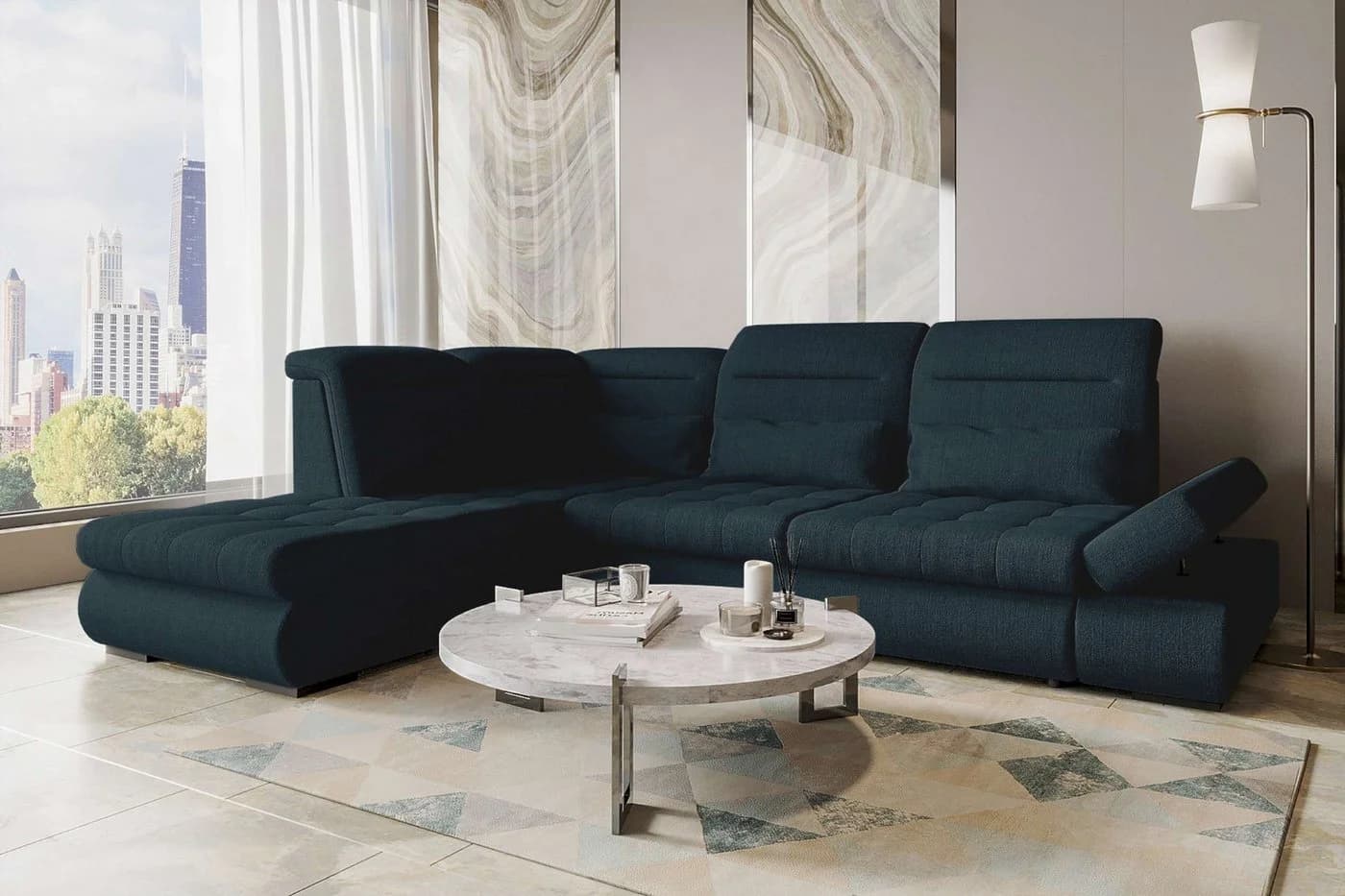 99rooms Ecksofa Toscana L-Form Bettfunktion Velours Dunkelblau - Bild 2