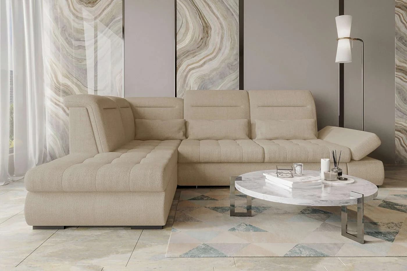 99rooms Ecksofa Toscana L-Form mit Bettfunktion und Velours VOGUE Bezug in Creme