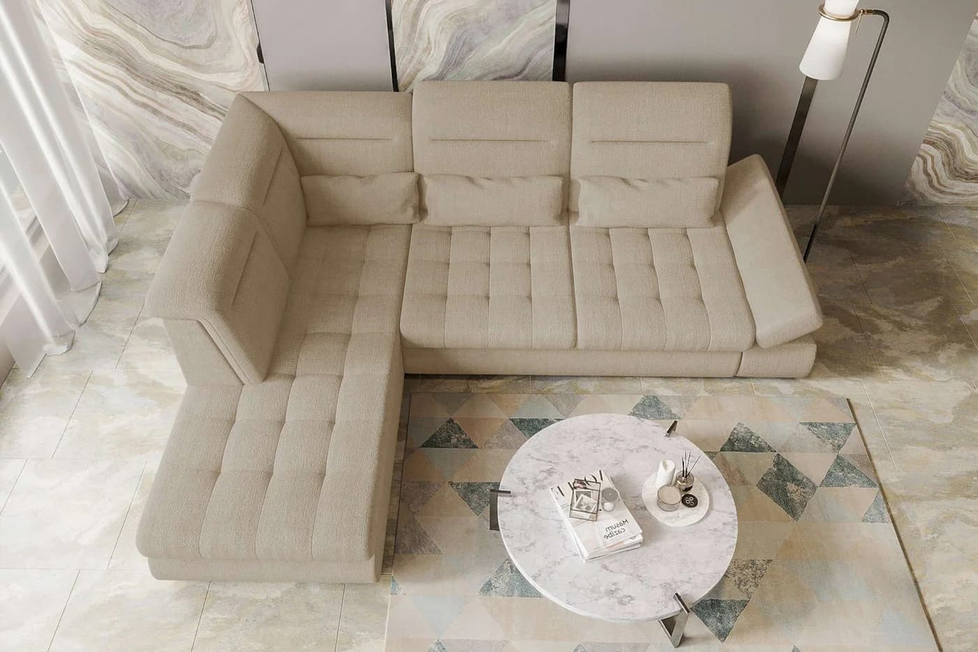 99rooms Ecksofa Toscana L-Form mit Bettfunktion und Velours VOGUE Bezug in Creme - Bild 3