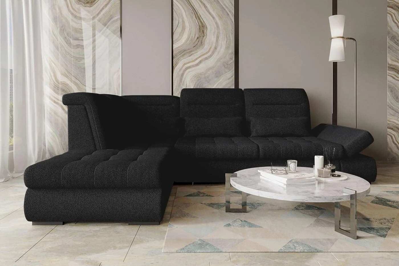 99rooms Ecksofa Toscana L-Form Bettfunktion Schwarz Strukturstoff NEVE