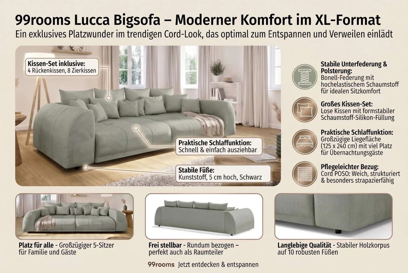 99rooms Big-Sofa Lucca mit Schlaffunktion und Kissenset - Bild 3