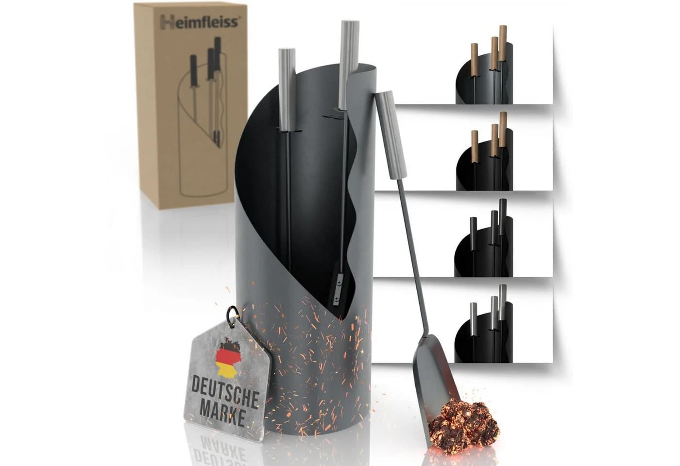 Heimfleiss® Kamingarnitur Modernes Kaminbesteck Stahl & Holz Grau - Bild 2