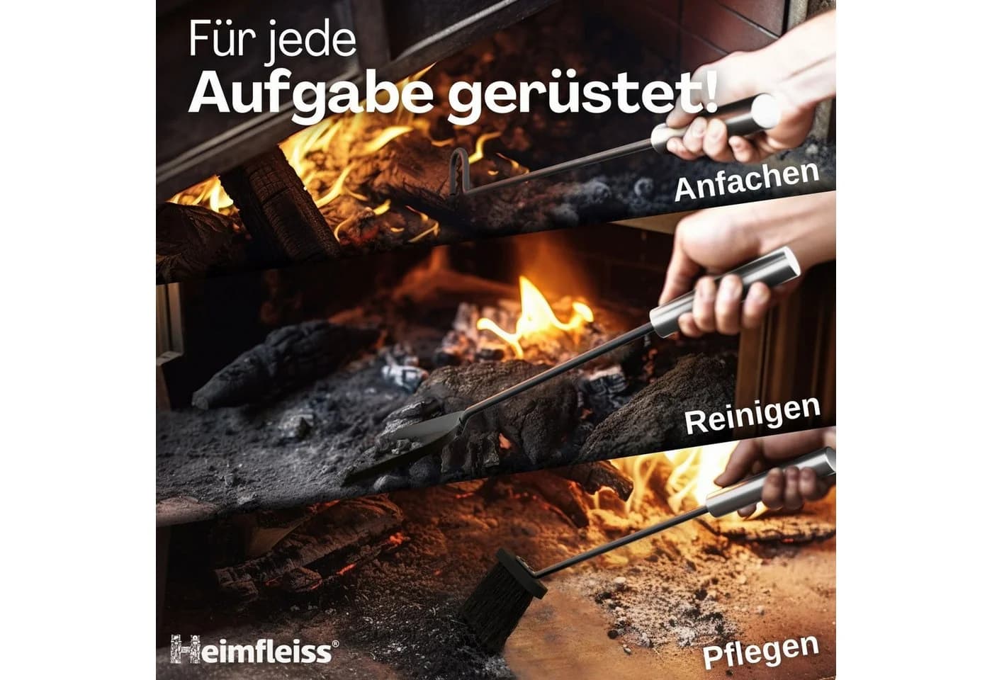 Heimfleiss® Kamingarnitur Modernes Kaminbesteck Stahl & Holz Grau - Bild 3