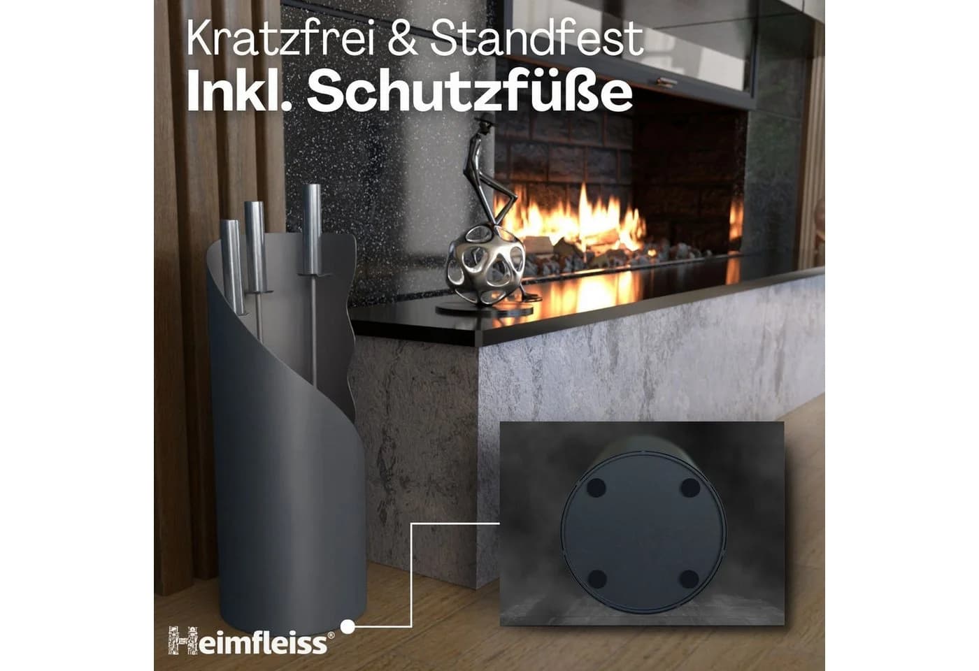 Heimfleiss® Kamingarnitur Modernes Kaminbesteck Stahl & Holz Grau - Bild 5