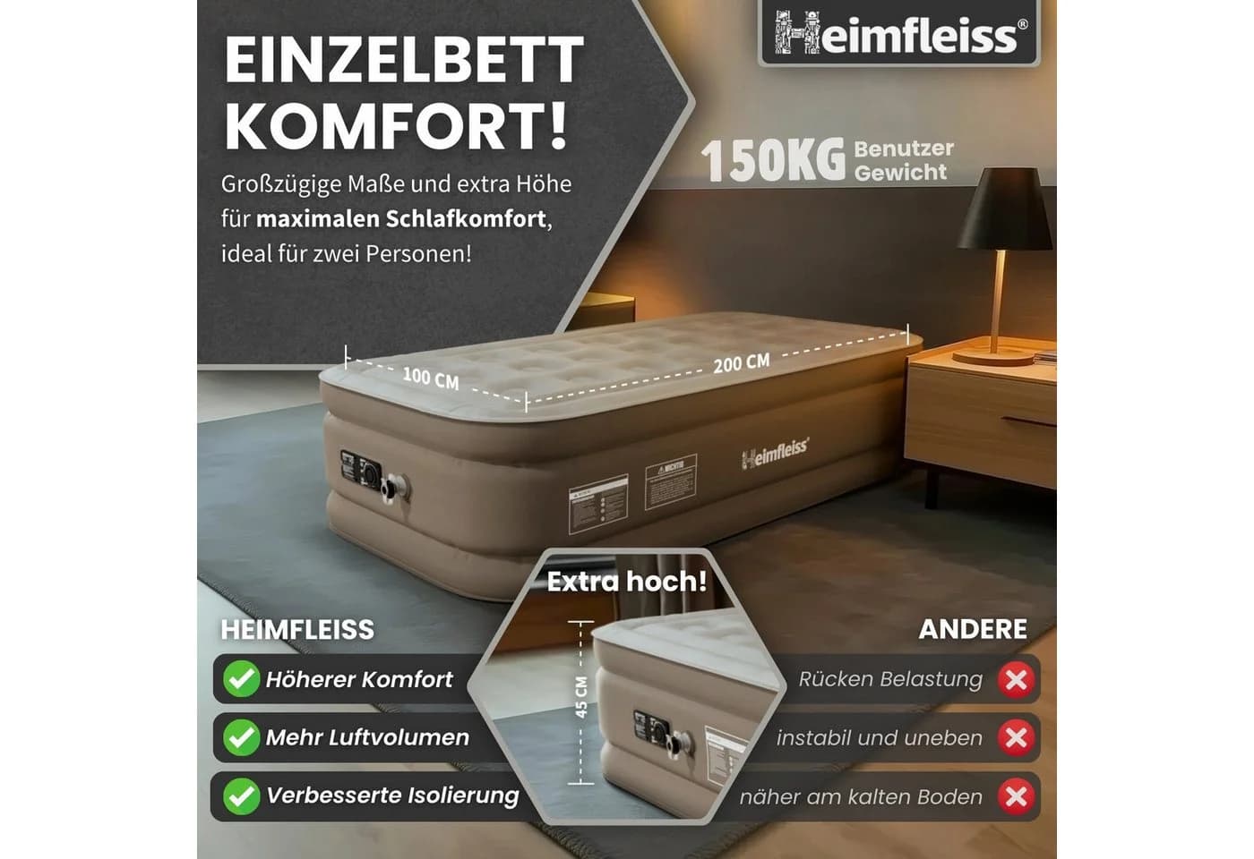 Heimfleiss® Luftmatratze Selbstaufblasend Camping Gästebett - Bild 4