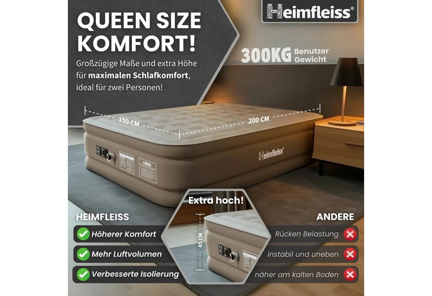 Heimfleiss® Luftmatratze Selbstaufblasend Camping Gästebett - Bild 4