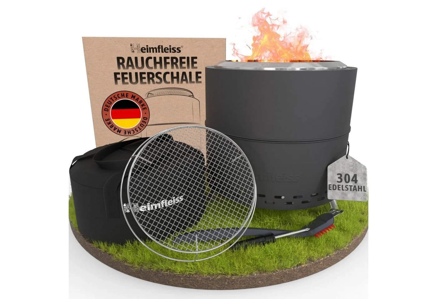 Heimfleiss® Feuerschale Schwarz Rauchfrei mit Grillrost Edelstahl - Bild 2
