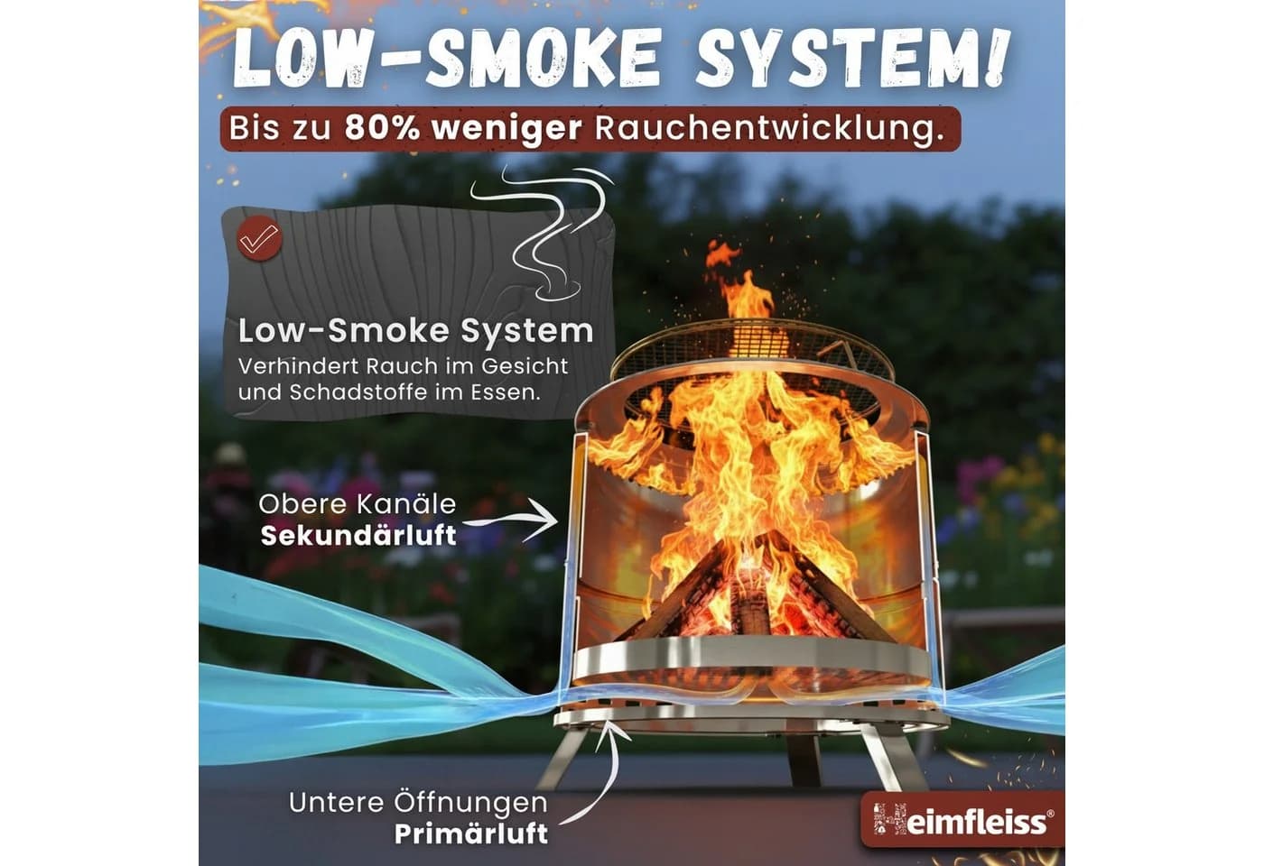 Heimfleiss® Feuerschale Schwarz Rauchfrei mit Grillrost Edelstahl - Bild 3