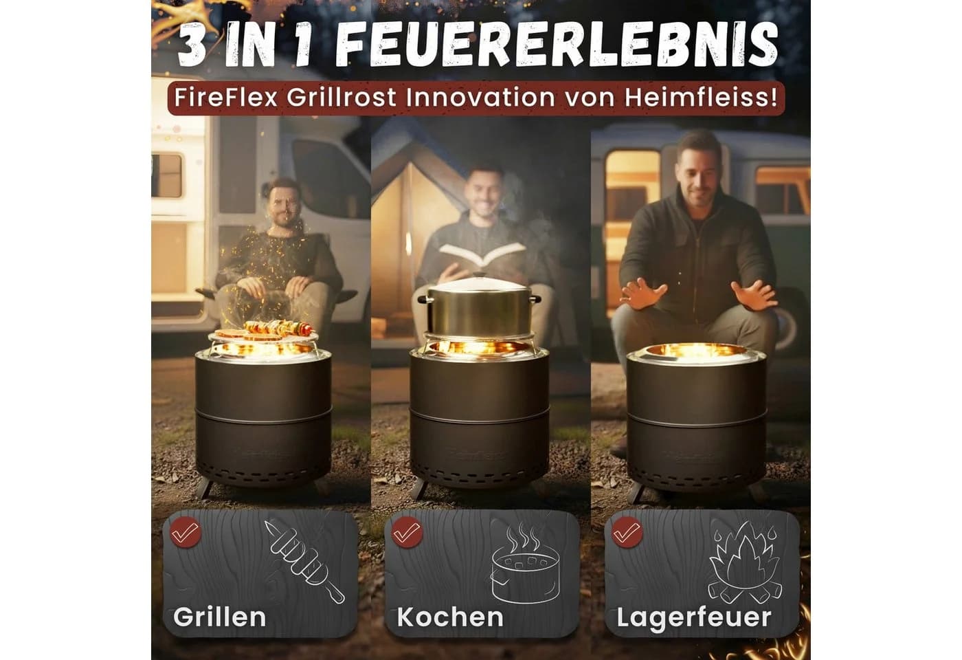 Heimfleiss® Feuerschale Schwarz Rauchfrei mit Grillrost Edelstahl - Bild 4