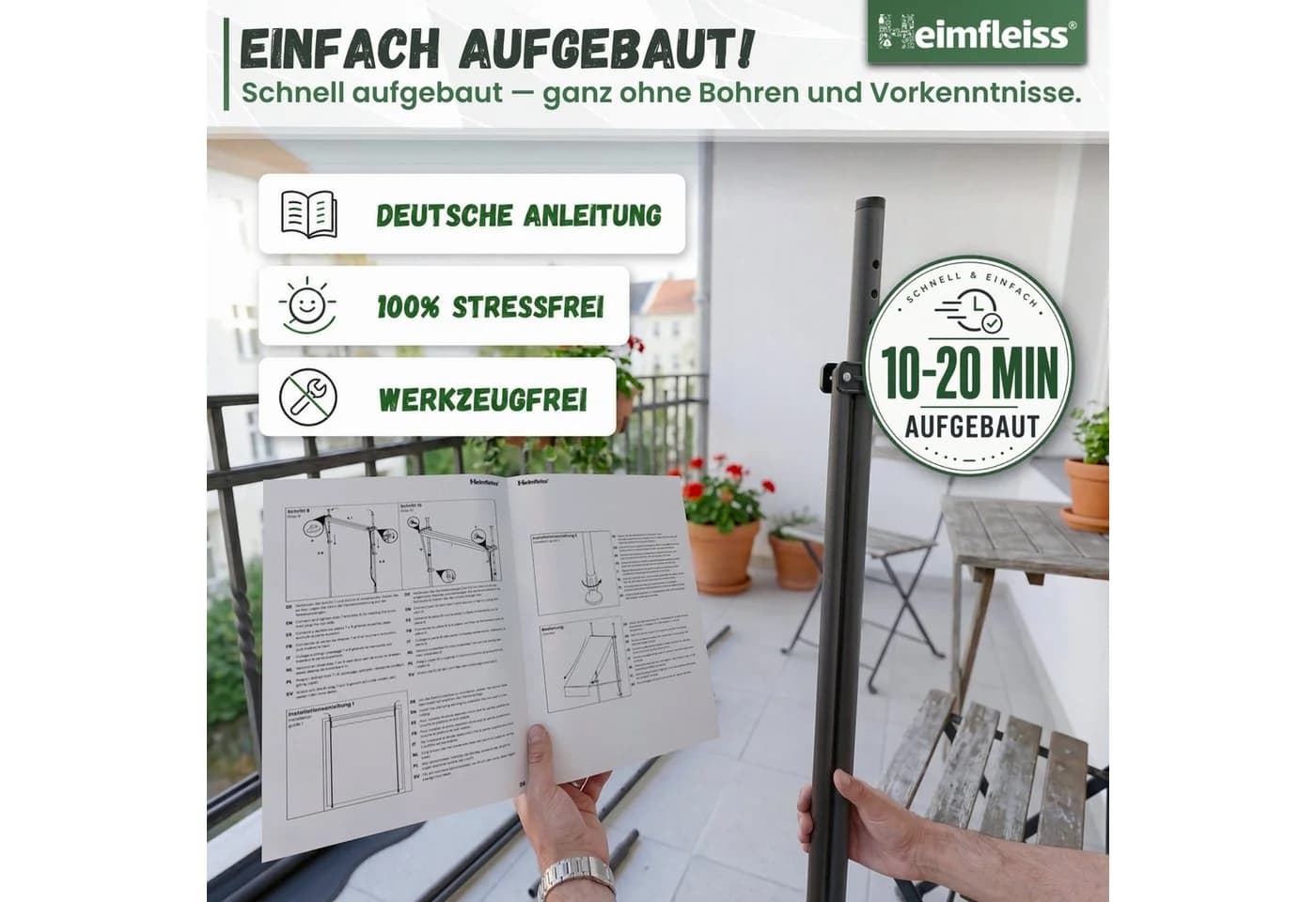 Heimfleiss Klemmmarkise Balkon ohne Bohren Anthrazit UPF 50+ - Bild 3