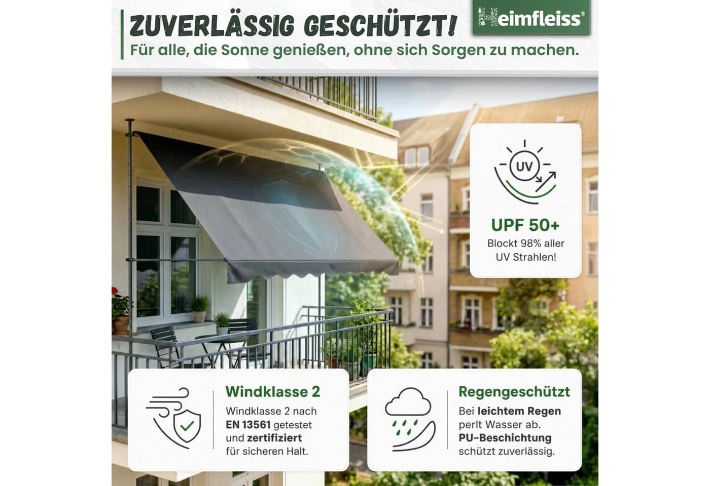 Heimfleiss Klemmmarkise Balkon ohne Bohren Anthrazit UPF 50+ - Bild 4