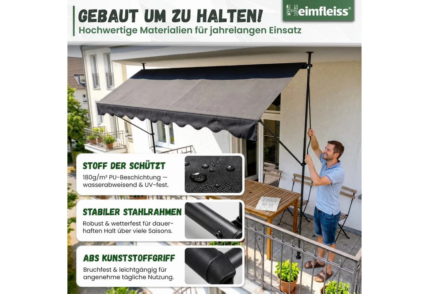 Heimfleiss Klemmmarkise Balkon ohne Bohren Anthrazit UPF 50+ - Bild 5