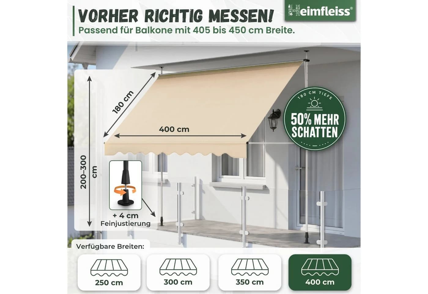 Heimfleiss Klemmmarkise Balkon ohne Bohren Beige UPF 50+