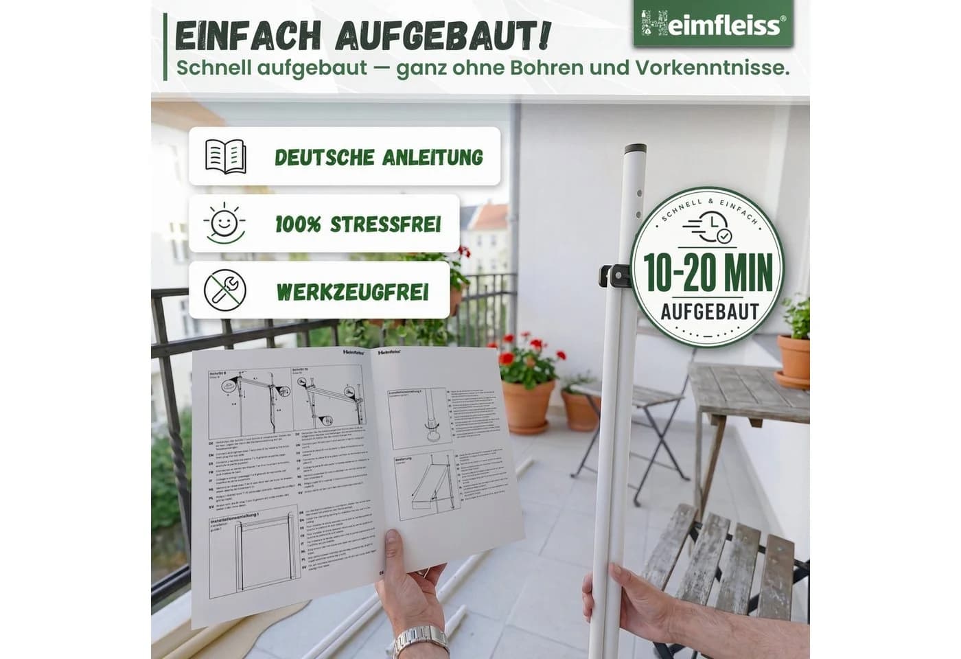 Heimfleiss Klemmmarkise Balkon ohne Bohren Beige UPF 50+ - Bild 3