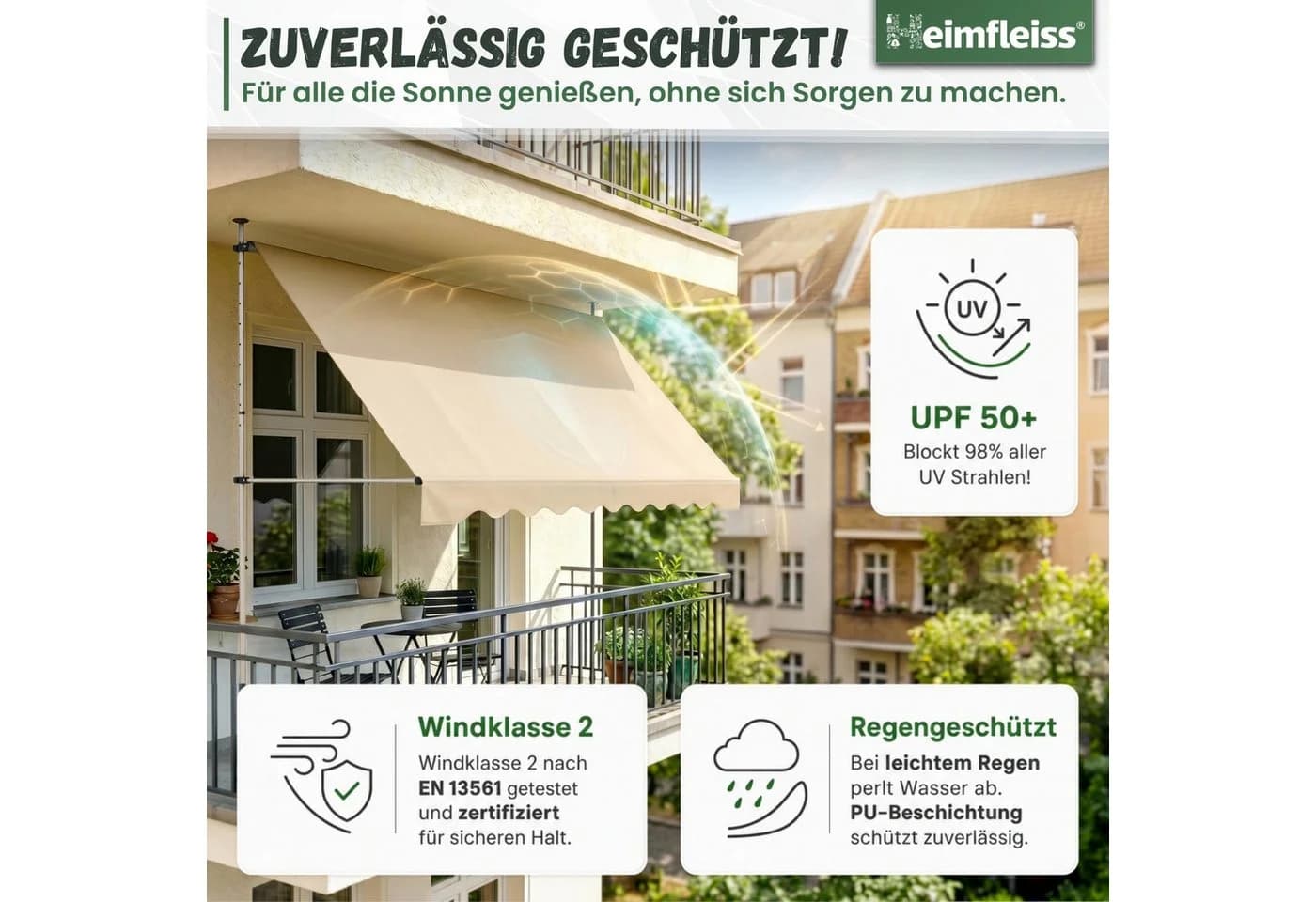 Heimfleiss Klemmmarkise Balkon ohne Bohren Beige UPF 50+ - Bild 4