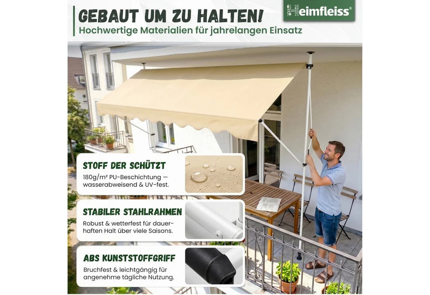 Heimfleiss Klemmmarkise Balkon ohne Bohren Beige UPF 50+ - Bild 5