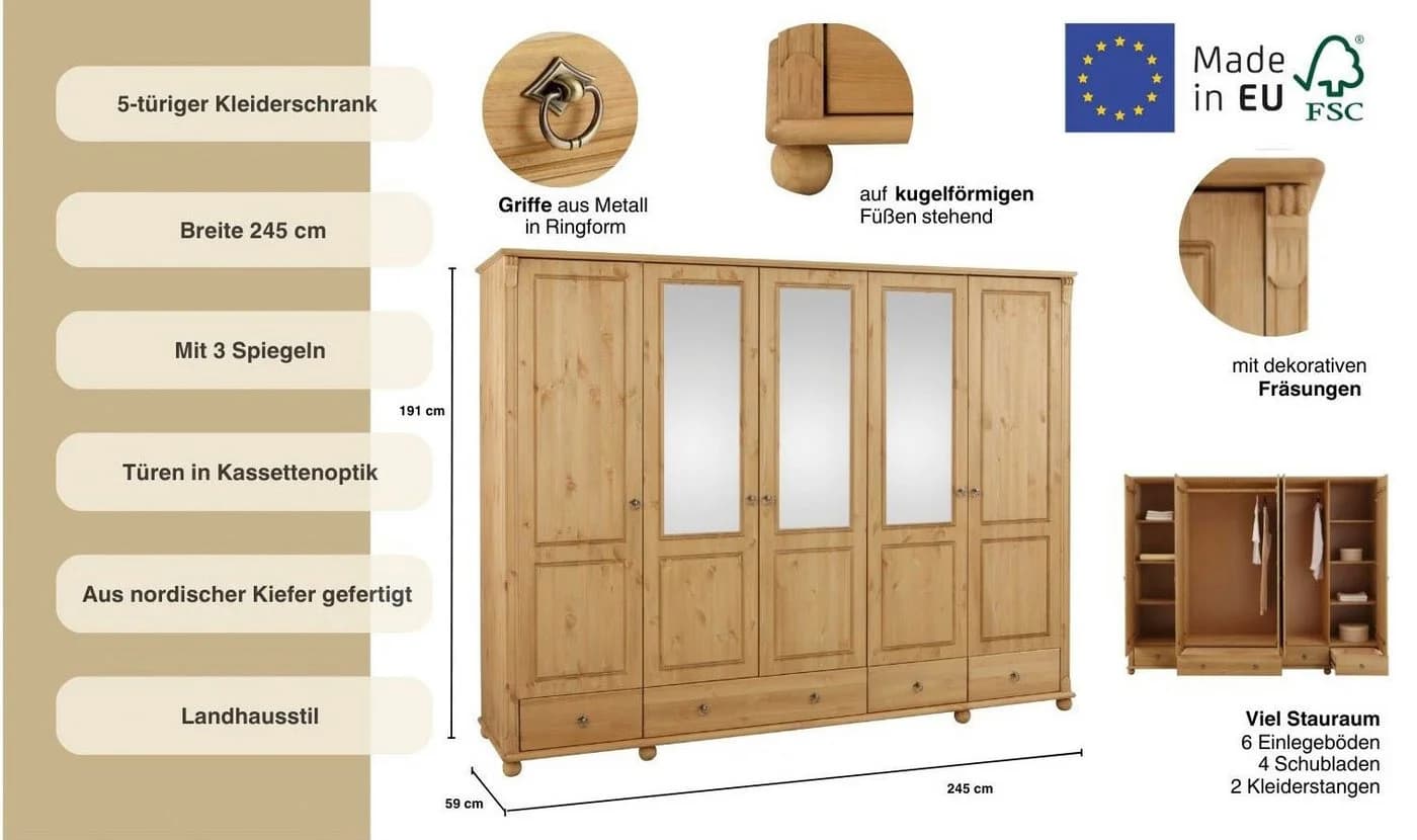 OTTO HOME Kleiderschrank Tessin Massivholz Kiefer Beige mit Spiegel - Bild 3