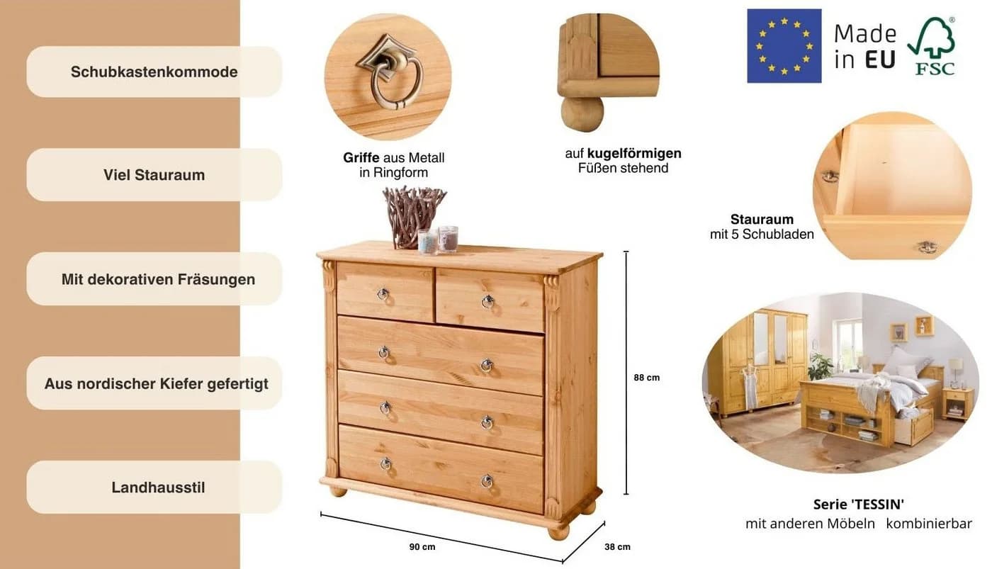OTTO HOME Kommode Tessin Massivholz Kiefer 5 Schubladen Natur - Bild 3