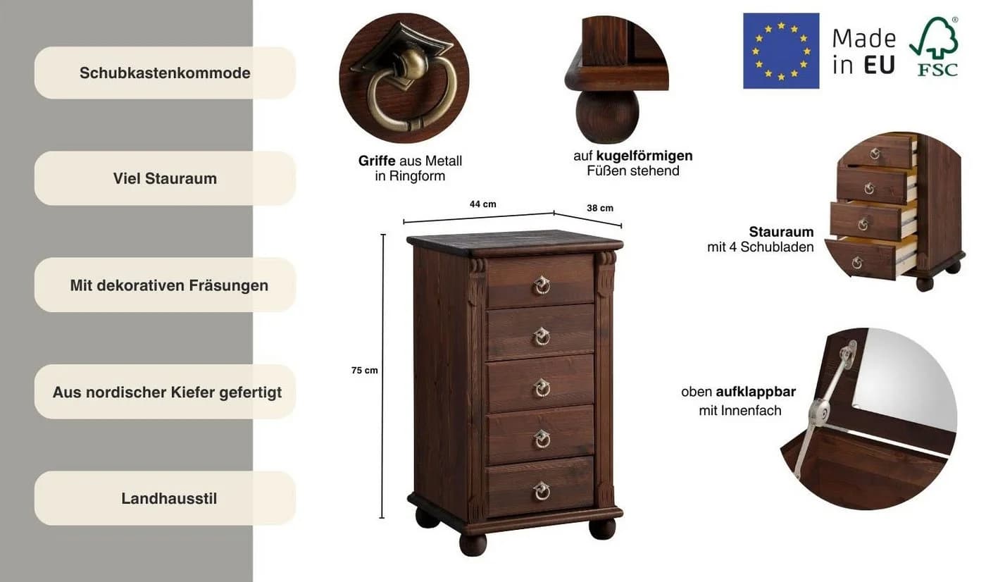 OTTO HOME Schubkastenkommode Tessin Massivholz Braun mit Spiegel - Bild 3