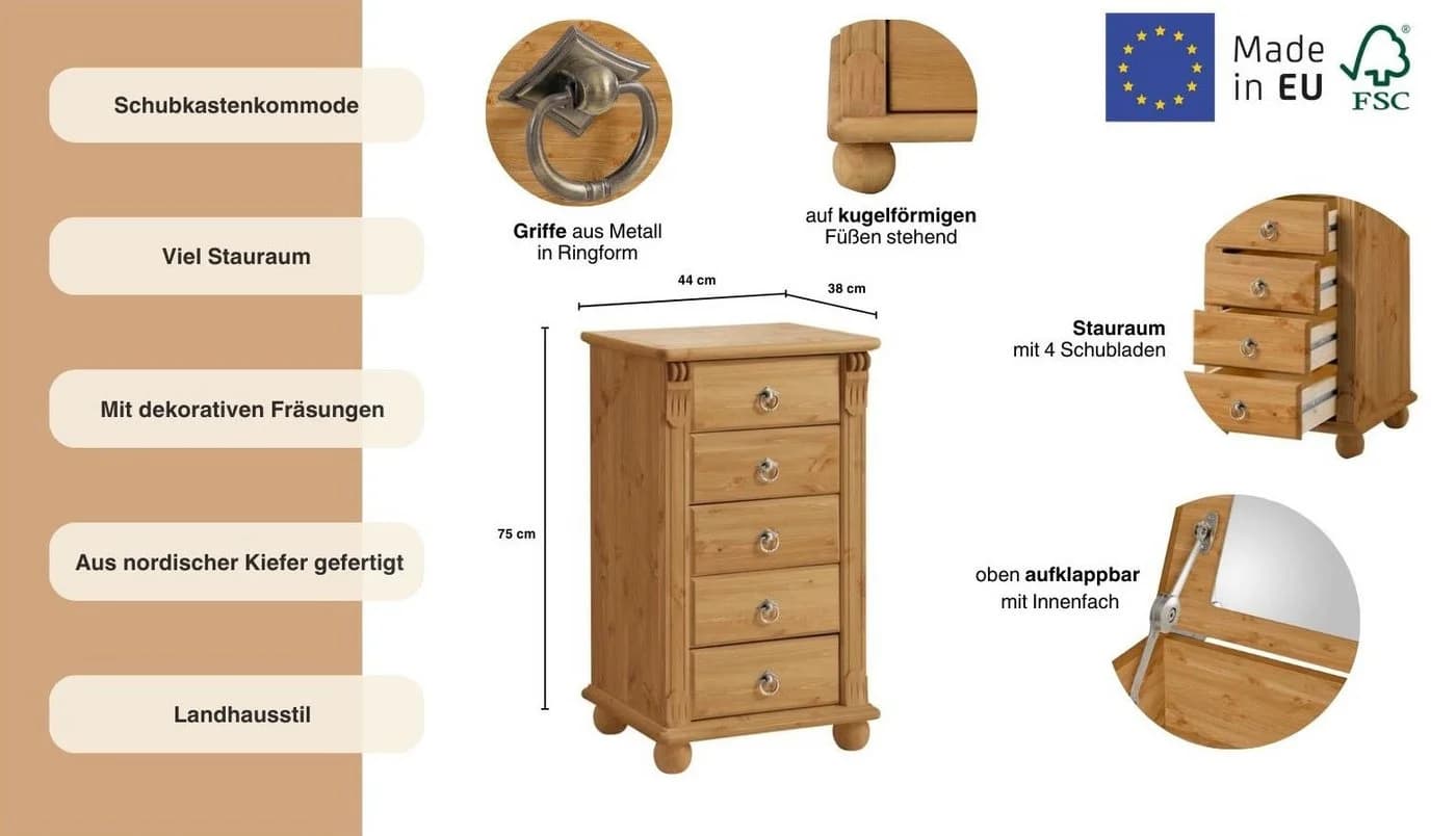 OTTO HOME Kommode Tessin Massivholz Kiefer Beige mit Spiegel - Bild 3