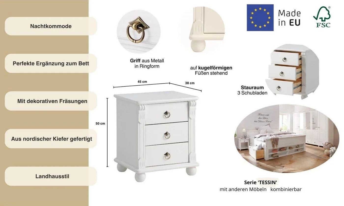 OTTO HOME Nachtkommode Tessin Weiß Massivholz 3 Schubladen - Bild 3