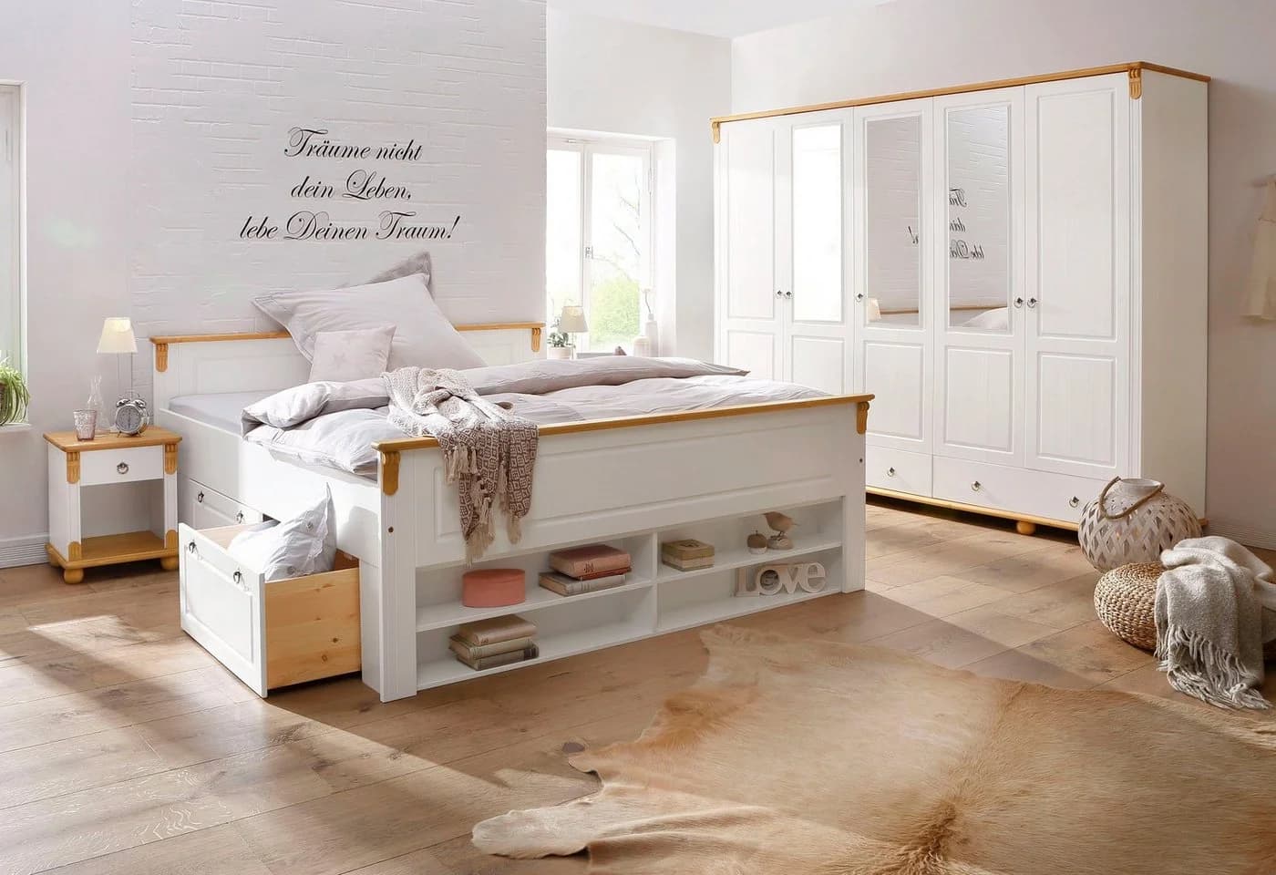 OTTO HOME Massivholzbett Tessin weiß/honig Landhausstil Stauraum - Bild 3