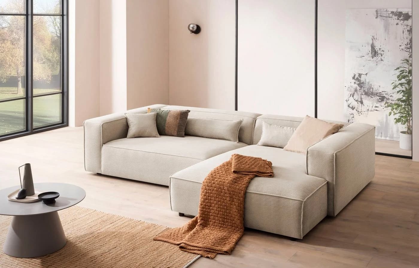 LeGer Home Ecksofa PIARA XXL L-Form Beige Cord mit Ottomane - Bild 2