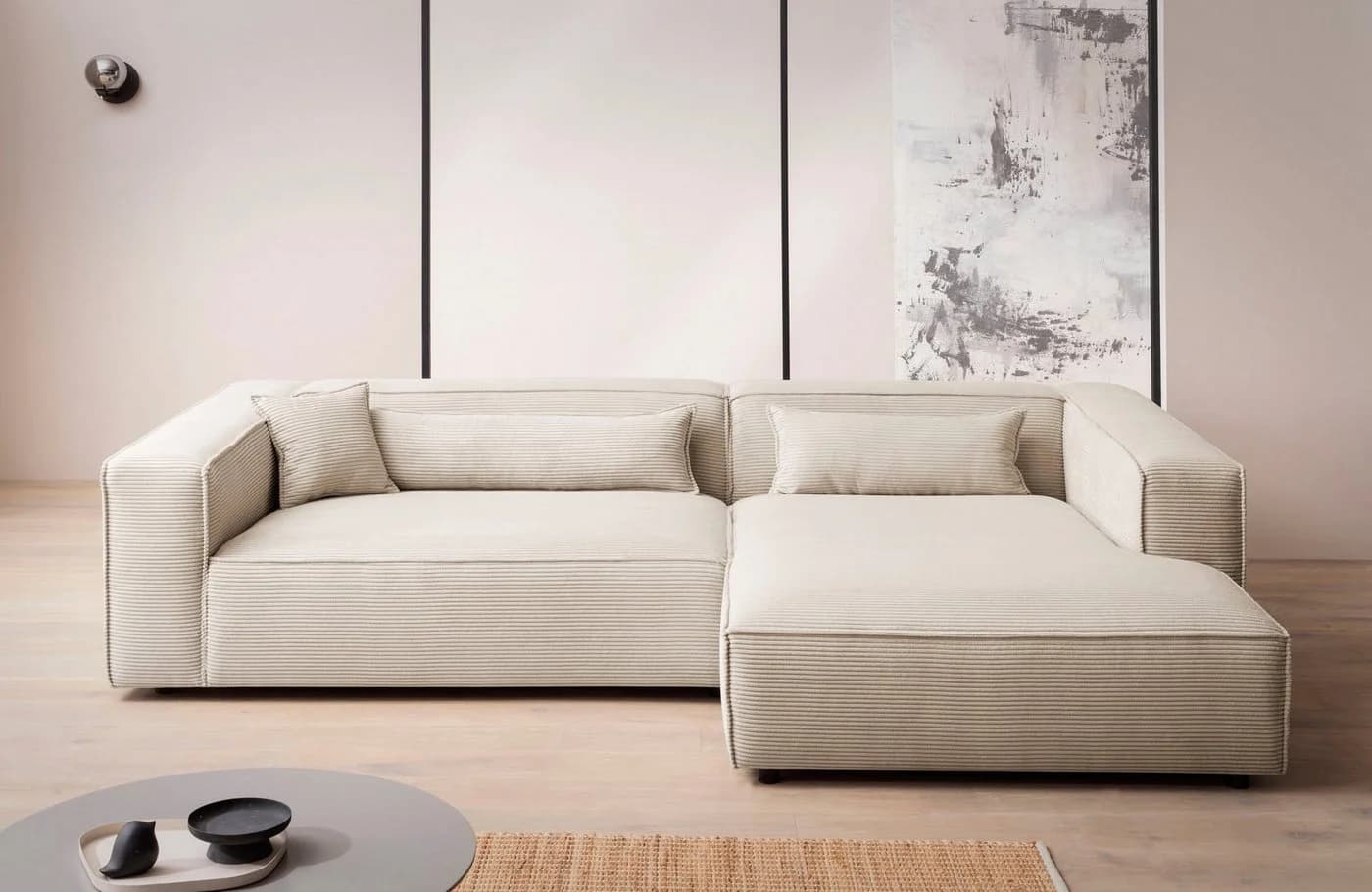 LeGer Home Ecksofa PIARA XXL L-Form Beige Cord mit Ottomane - Bild 5