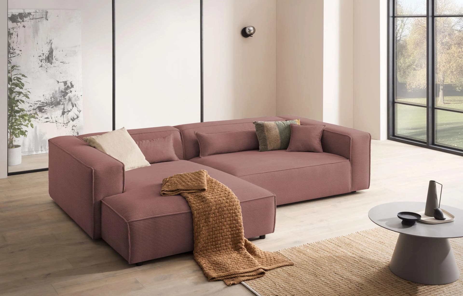 LeGer Home Ecksofa PIARA XXL Beige Cord L-Form mit Ottomane