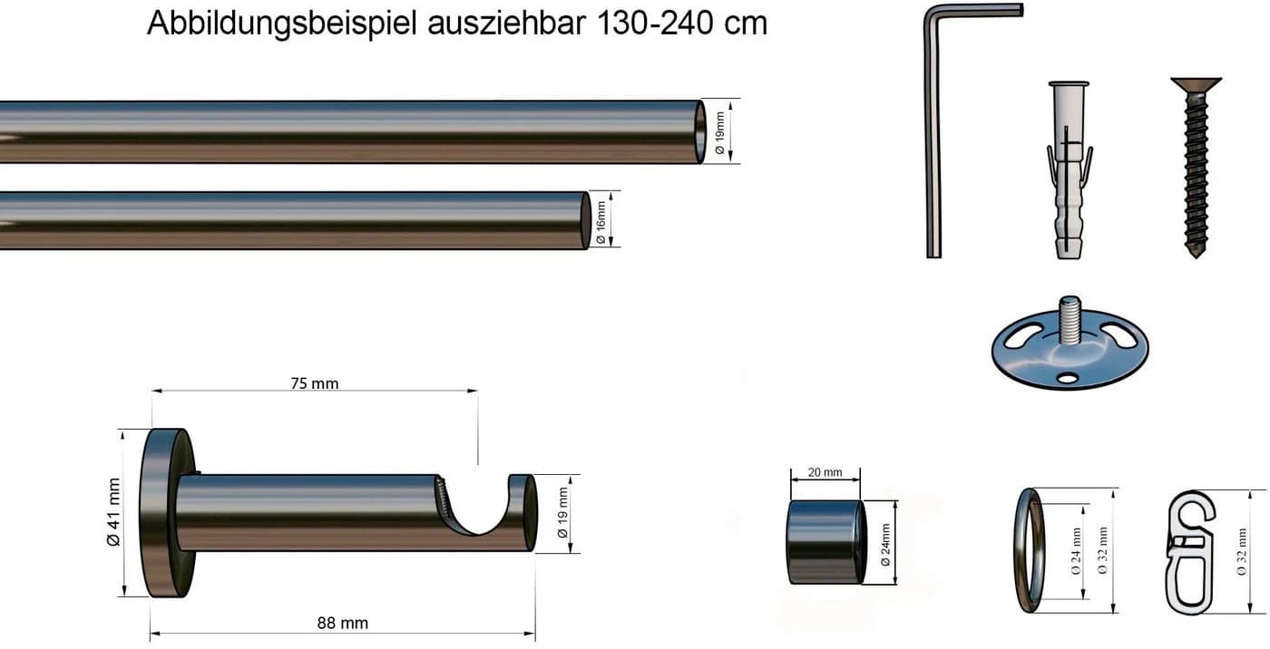 OTTO HOME Gardinenstange Kappe 1-läufig silber ausziehbar 130-240cm - Bild 3