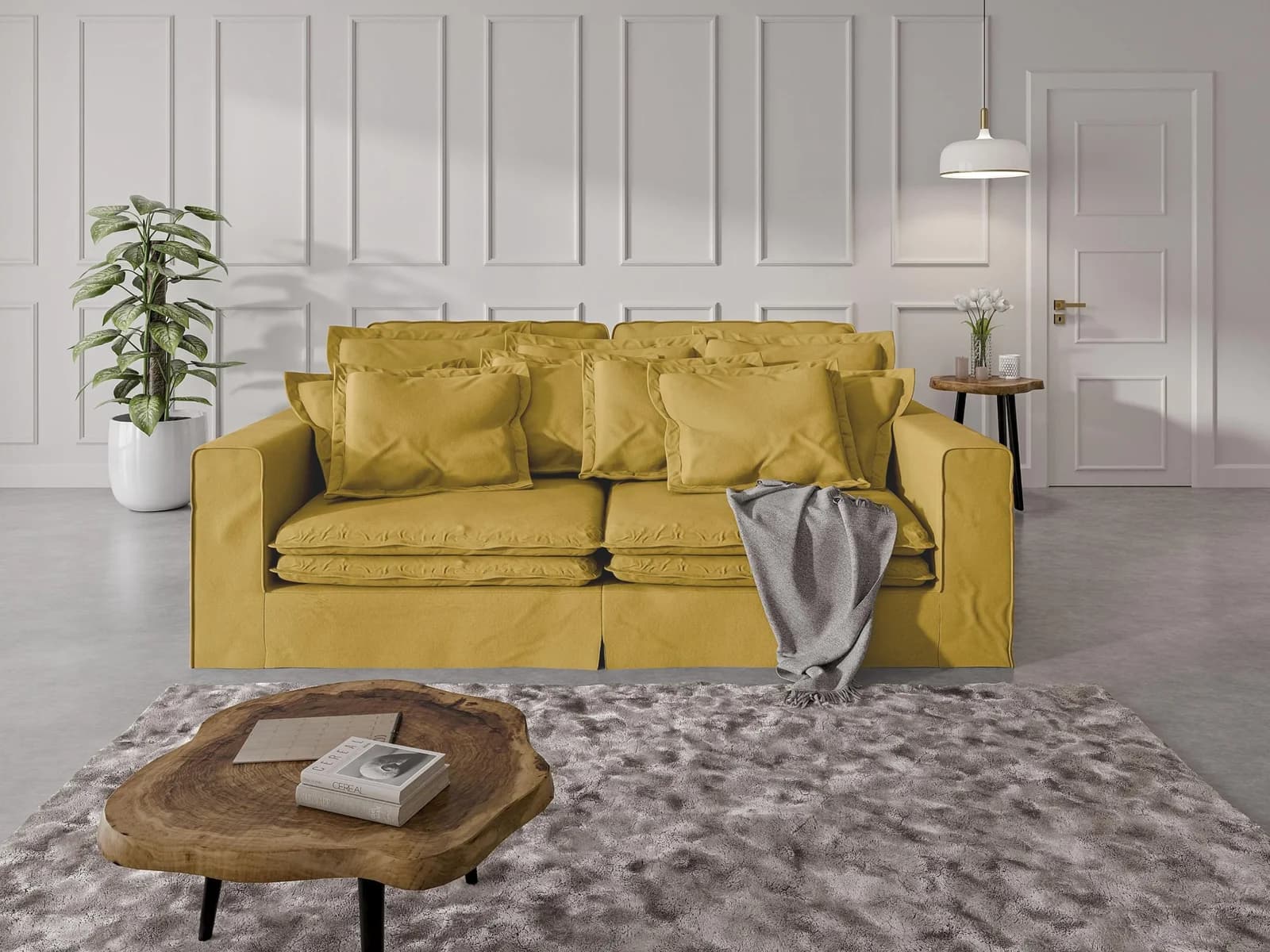 HOME AFFAIRE ALISSAS 4-Sitzer Sofa Gold mit Kissen und Taschen