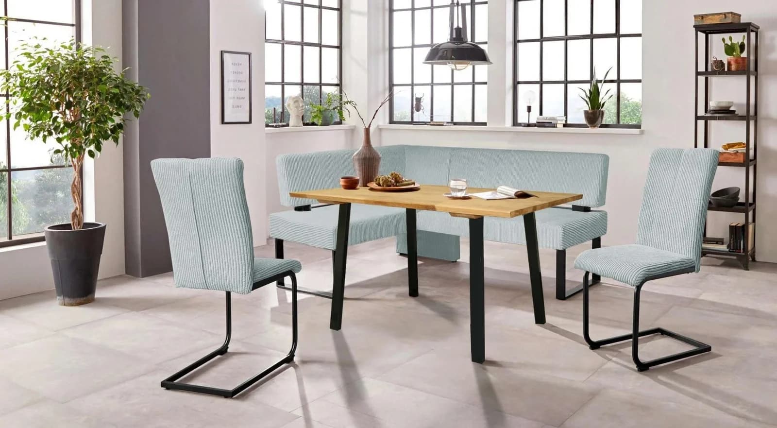OTTO HOME Eckbankgruppe Oliver Hellblau Schwarz mit Eiche Tisch
