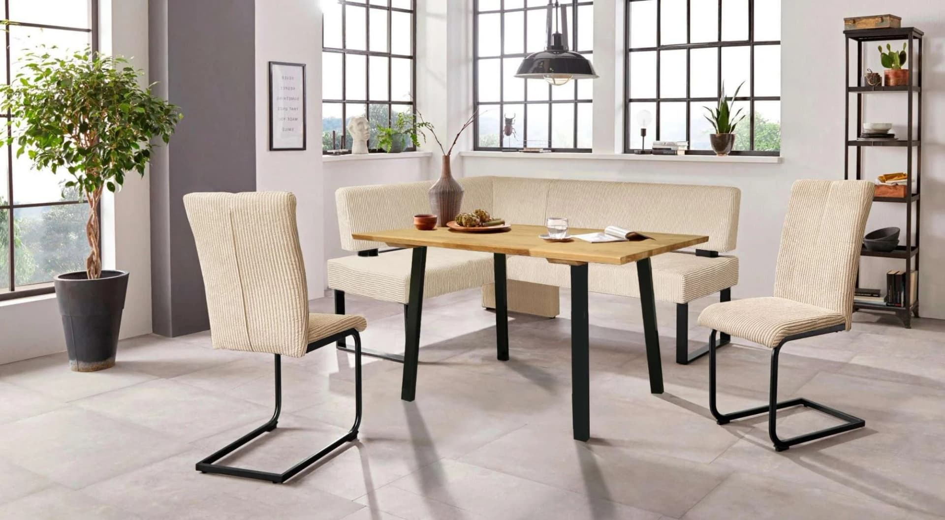 OTTO HOME Eckbankgruppe Oliver mit Eiche-Tisch 5-tlg. Beige/Schwarz