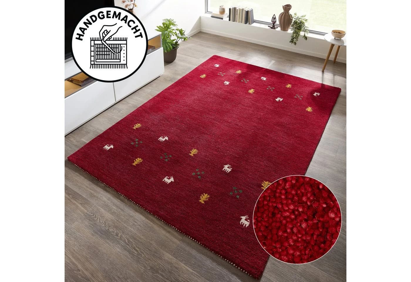 THEKO Wollteppich Gabbeh Motiv Handgetuftet Bordeaux - Bild 2