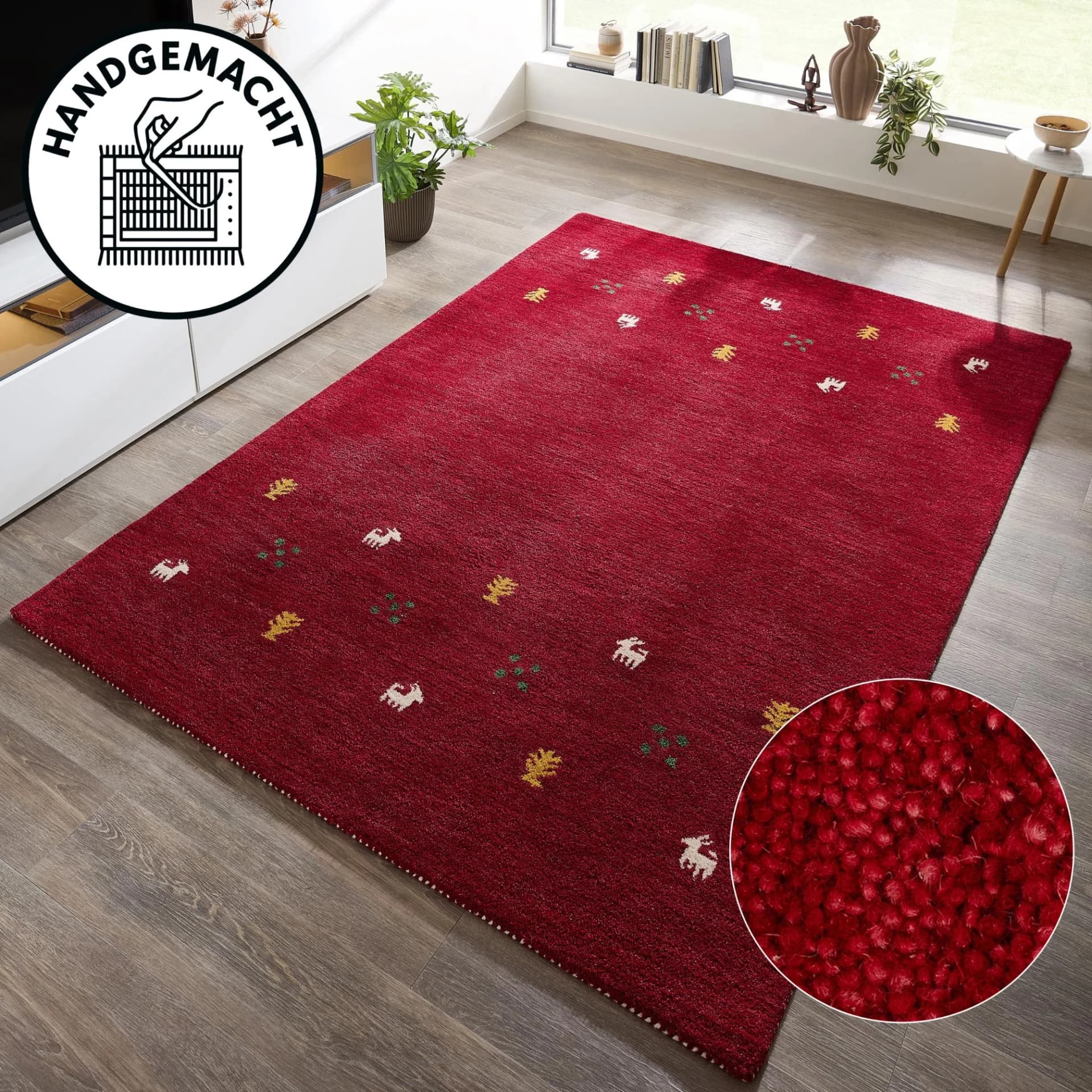 THEKO Wollteppich Gabbeh Motiv Handgefertigt Rot Bordeaux 160x220cm