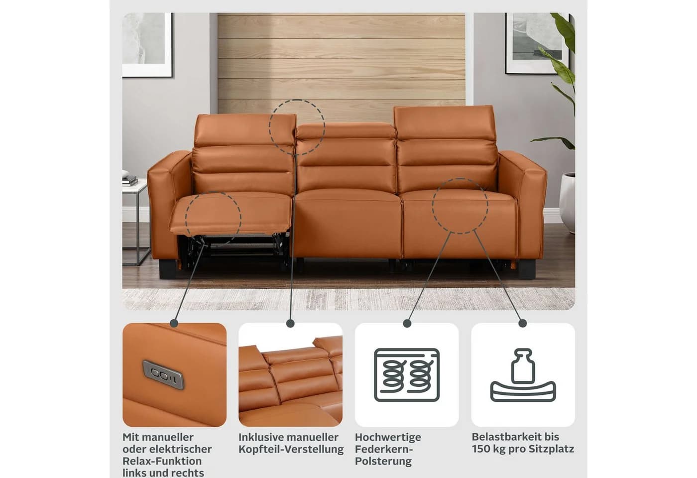 Home Affaire Carpari 3-Sitzer Sofa Elektrische Relaxfunktion Cognac Kunstleder - Bild 3