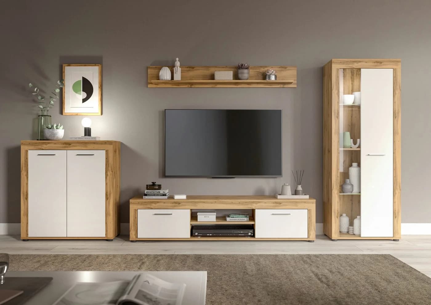 HOME AFFAIRE Lowboard AOSTA Weiß/Wotan Eiche Nachbildung mit 2 Klappen