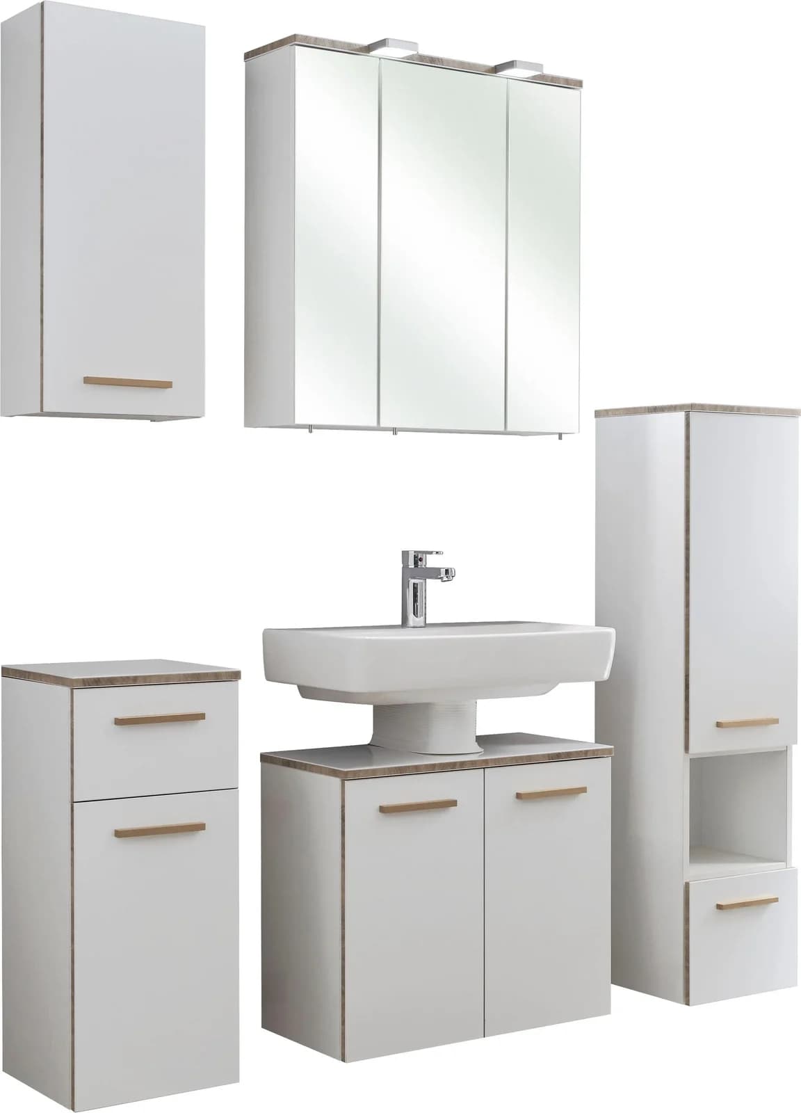 Badmöbel-Set SAPHIR Quickset 931 5-teilig, Waschbeckenunterschrank mit LED-Spiegelschrank, Weiß Glanz, Holzwerkstoff