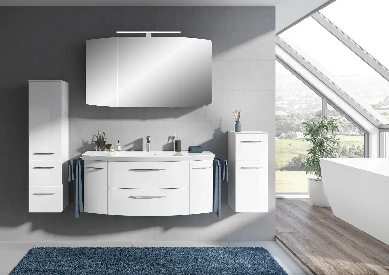 Badmöbel-Set SAPHIR "Cassca Sprint" 4-teilig Mineralmarmor-Waschtisch mit LED-Spiegelschrank, Weiß Hochglanz